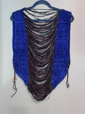 Boho Royal Blue Open Knit Fringe Vest Asian Chinese Coin Accent